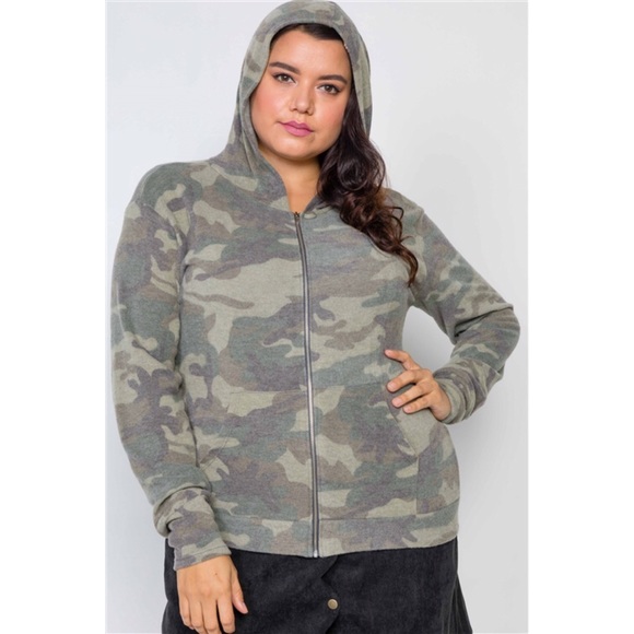 PLUS SIZE SOFT CAMO ZIP-UP KNIT HOODED SWEATER - Picture 3 of 5